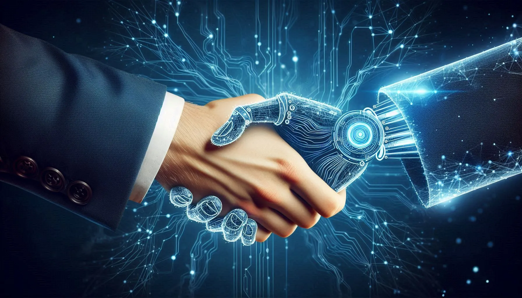 Human hand meeting a digital hand