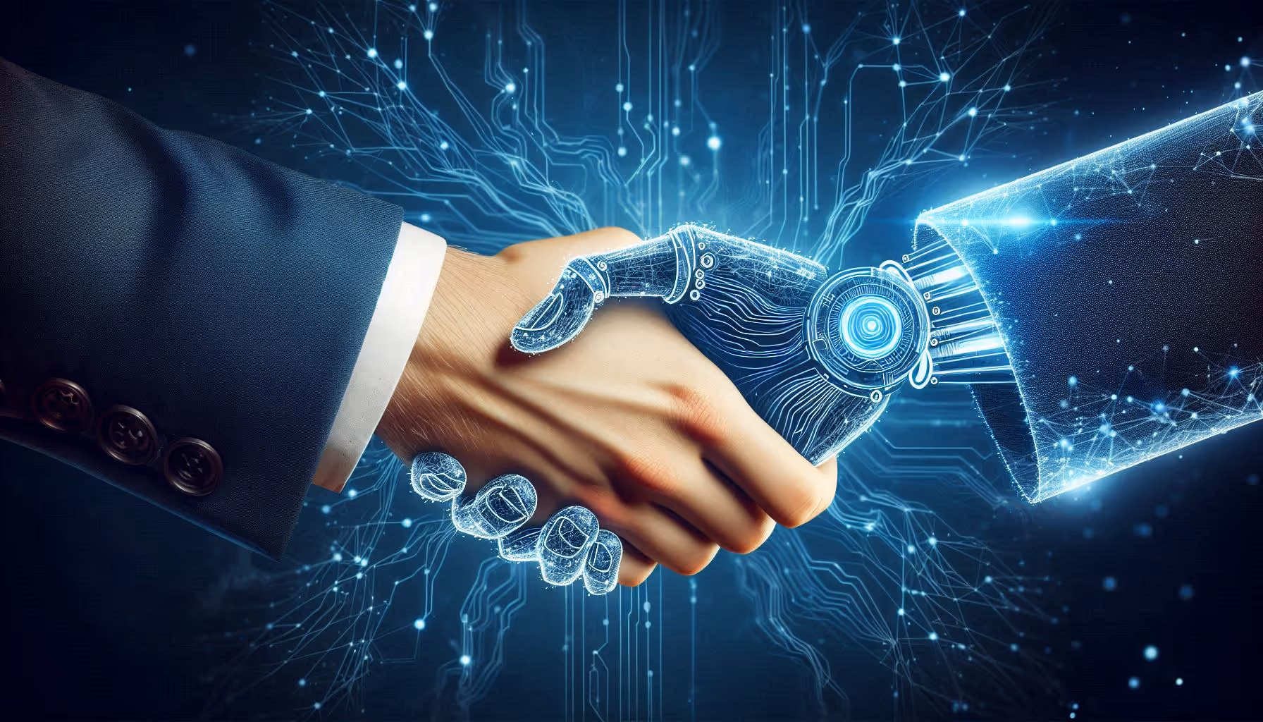Een menselijke hand die een digitale hand ontmoet